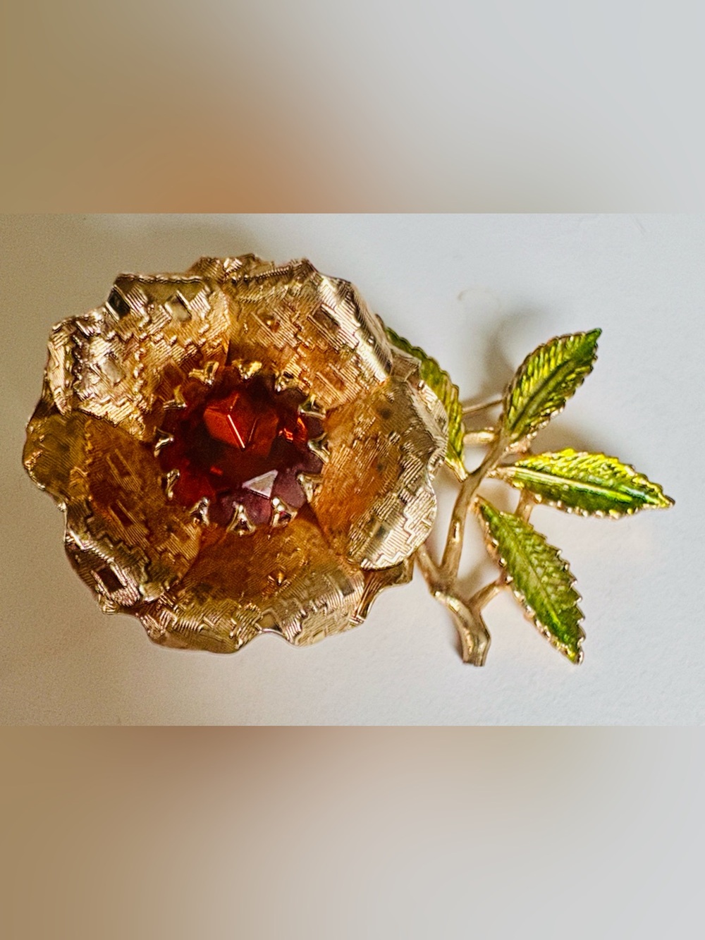 Vintage S C Gold-Tone Flower Brooch with Amber Center and Green Enamel Leaves
